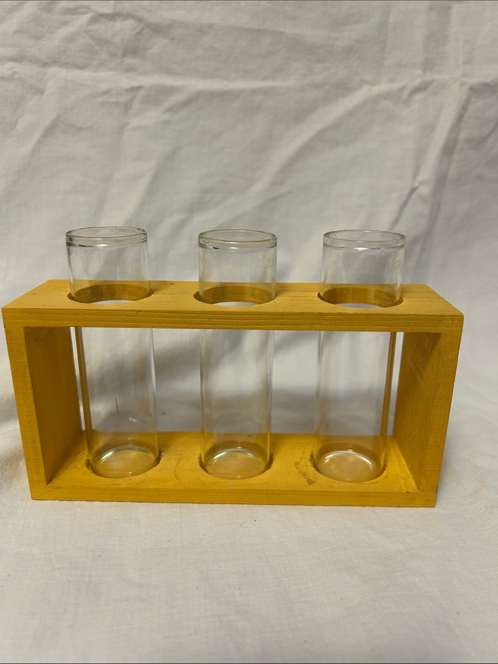 Yellow Wooden Triple Bud Vase Holder with Three Glass Tubes